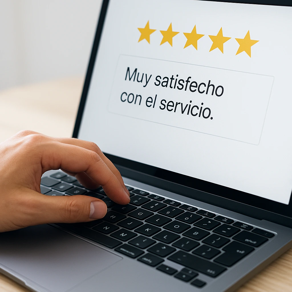 Cliente escribiendo opiniones fontanero Madrid después del servicio