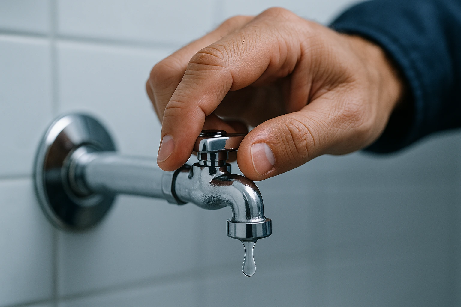 Mano de fontanero cerrando la llave de paso de agua en una urgencia