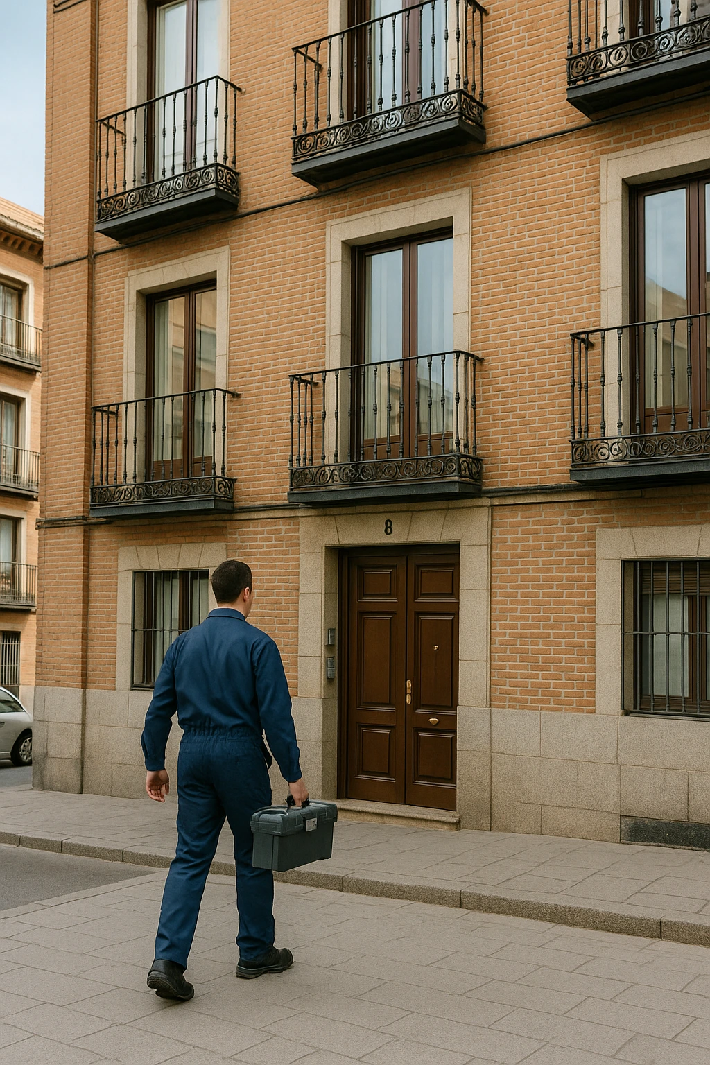 Fontanero urgente Madrid capital llegando al portal de un edificio de viviendas