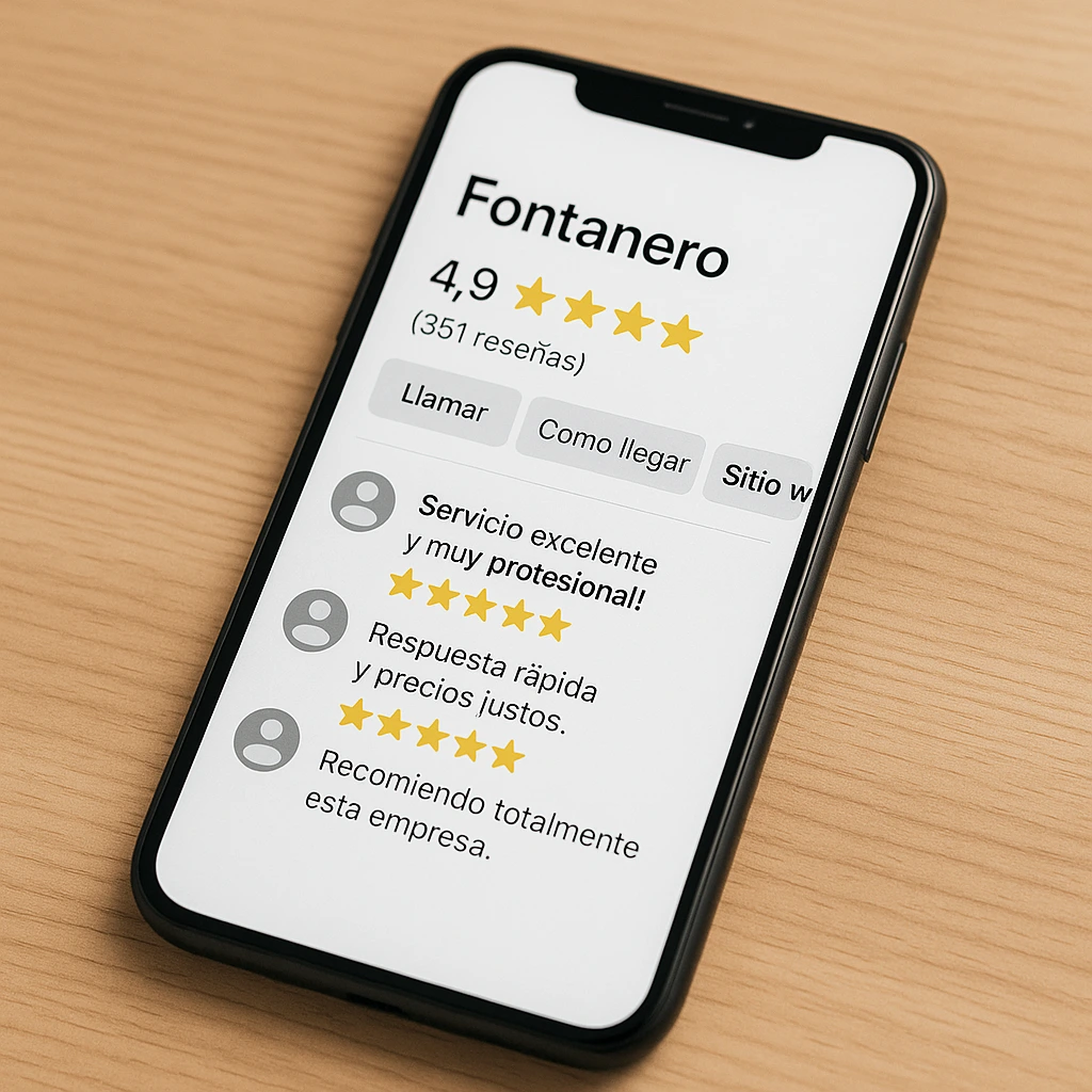 Opiniones fontanero Madrid vistas en el móvil de un cliente