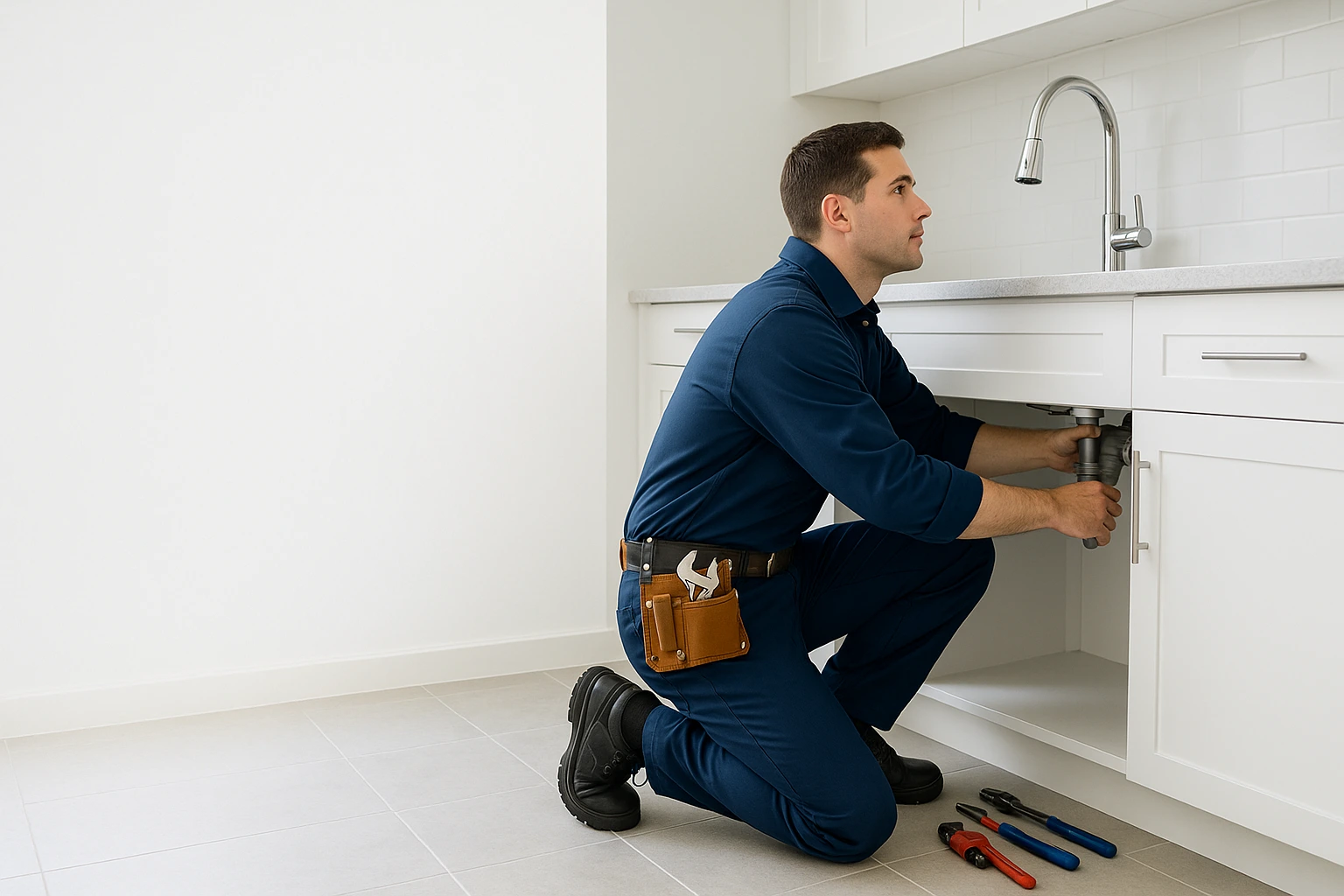 Fontanero profesional realizando servicios de fontanería en Madrid